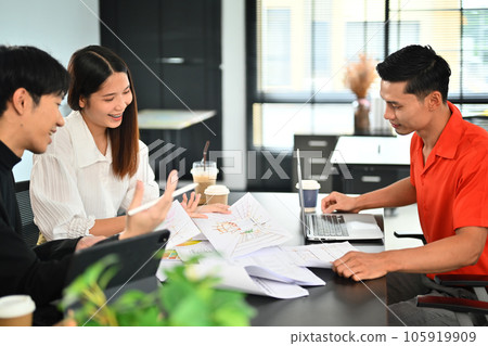 Interior design meeting with project in meeting room. Interior design meeting with project in meeting room. 105919909
