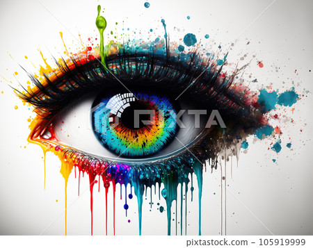 Human eye close up with colorful paint , ink splashes and drips, Generative AI Human eye close up with colorful paint , ink splashes and drips, Generative AI 105919999