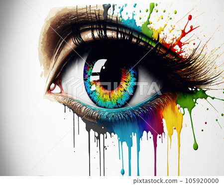 Human eye close up with colorful paint , ink splashes and drips, Generative AI Human eye close up with colorful paint , ink splashes and drips, Generative AI 105920000