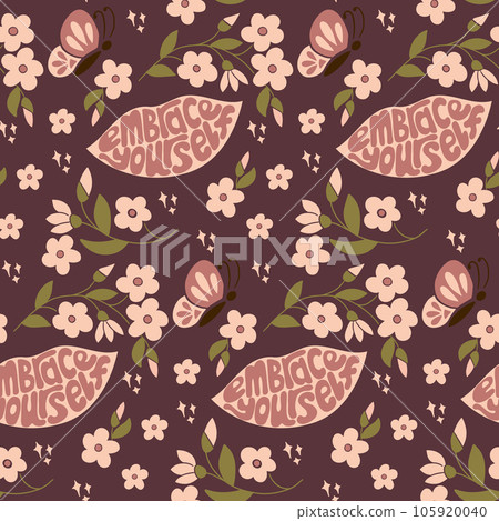 Self love groovy retro lettering floral pattern. Flat hand drawn slogan Embrace Yourself in lips shape with flowers. Selflove concept. Ideal for home decoration, textile, wrapping Self love groovy retro lettering floral pattern. Flat hand drawn slogan Embrace Yourself in lips shape with flowers. Selflove concept. Ideal for home decoration, textile, wrapping 105920040