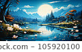 Beautiful night landscape. Big moon on the background of a mountain river. 105920100