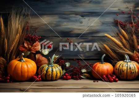 Top view pumpkins, gourds on wooden table. Thankgiving Day banner design. Top view pumpkins, gourds on wooden table. Thankgiving Day banner design. 105920165
