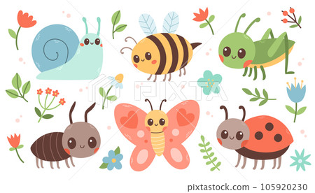 Cute insects set. Butterfly, ant, ladybug, bee, snail, grasshopper. Vector illustration isolated on white background 105920230