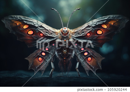 Alien butterfly from outer space looking at the camera. Cute alien insect macro image. Generative AI. Alien butterfly from outer space looking at the camera. Cute alien insect macro image. Generative AI. 105920244
