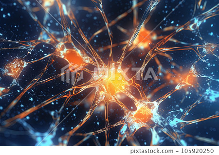 Science and medicine abstraction with neurons transmitting synapse signal. Neural system with impulse going through nerve cell. Generated AI. 105920250