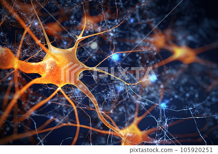 Science and medicine abstraction with neurons transmitting synapse signal. Neural system with impulse going through nerve cell. Generated AI. 105920251