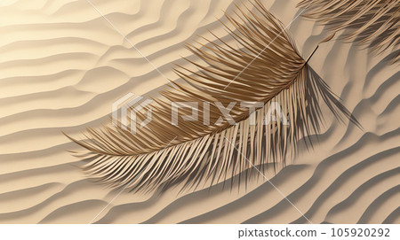 Plam leaf on the tropical beach sand. Vacation and relaxation concept with dry palm leaf on the hot summer beach. Generated AI. 105920292