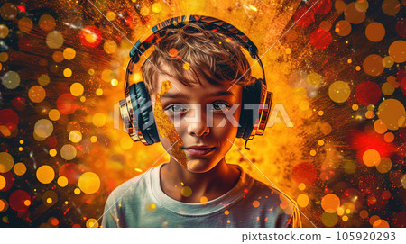 Boy or young man wearing headphones and listening to the exciting music. Juicy color splashes around. Generated AI. 105920293