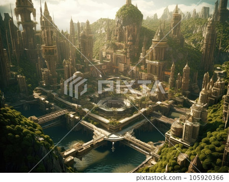 A fairy tale fantasy city in the middle of the valley, old and futuristic architecture connect the city with a bridge. Generative AI 105920366