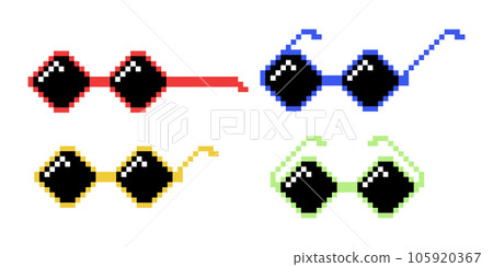 Vector Black and White Pixel Boss Glasses Icon Set in 8 bit Retro Style. Summer Meme Game Thug Design, Mafia Gangster Funky Sunglasses. Rap Music Design Element 105920367