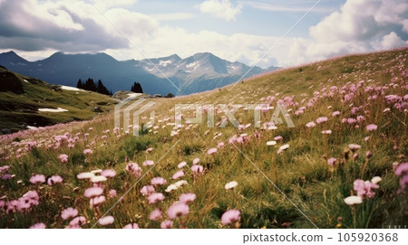 A field of grass and purple flowers, mountains and a bright spring sky in the background. Generative AI A field of grass and purple flowers, mountains and a bright spring sky in the background. Generative AI 105920368