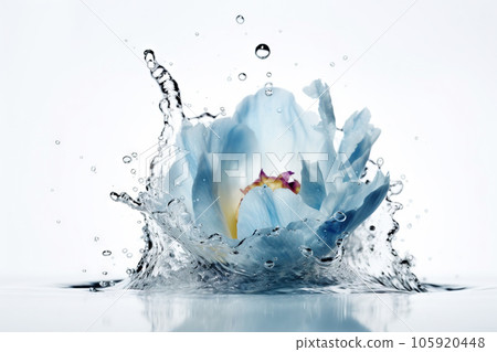 Flower in splashing water. Floral freshness concept with water drops for cosmetic, moisture and self-care packaging. Generated AI. 105920448