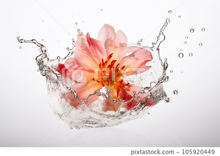 Flower in splashing water. Floral freshness concept with water drops for cosmetic, moisture and self-care packaging. Generated AI. 105920449