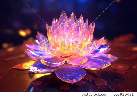 Magic lotus flower with shiny transparent leaves in mysterious esoteric scene. Generated AI. 105920451
