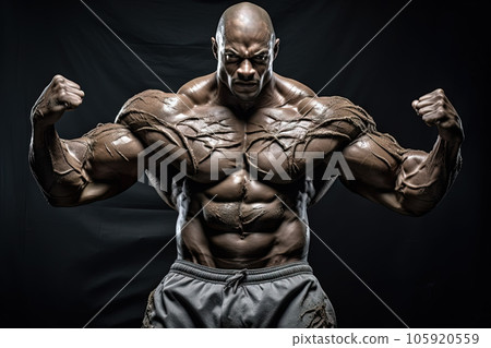 Extreme bodybuilder showing his muscles. Huge athlete demonstrating power. Generated AI. Extreme bodybuilder showing his muscles. Huge athlete demonstrating power. Generated AI. 105920559
