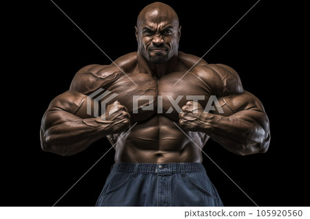 Extreme bodybuilder showing his muscles. Huge athlete demonstrating power. Generated AI. Extreme bodybuilder showing his muscles. Huge athlete demonstrating power. Generated AI. 105920560