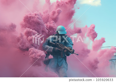 Futuristic post-apocalypse action scene with hero in sci-fi style. Vaporwave surreal shot with pink and blue smoke. Generated AI. 105920633