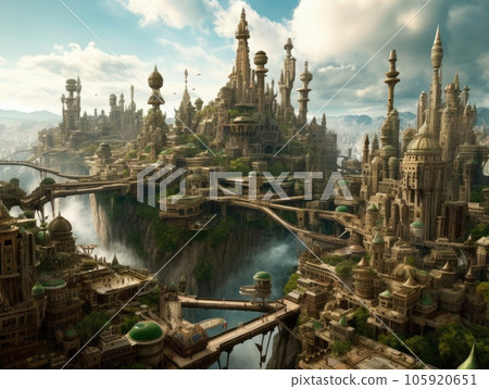 A fairy tale fantasy city floating on a cloudy sky, old and futuristic architecture connect the city with a bridge. Generative AI 105920651