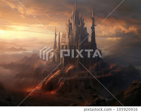 A building in the middle of the lowland and near a river under the evening sun, overlooking the horizon. Generative AI 105920916