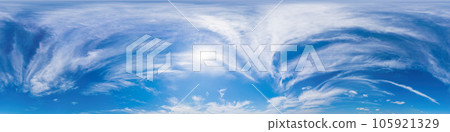 Blue summer sky panorama with light Cirrus clouds. HDR 360 seamless spherical panorama. Full zenith or sky dome for 3D visualization, sky replacement for aerial drone panoramas. Blue summer sky panorama with light Cirrus clouds. HDR 360 seamless spherical panorama. Full zenith or sky dome for 3D visualization, sky replacement for aerial drone panoramas. 105921329