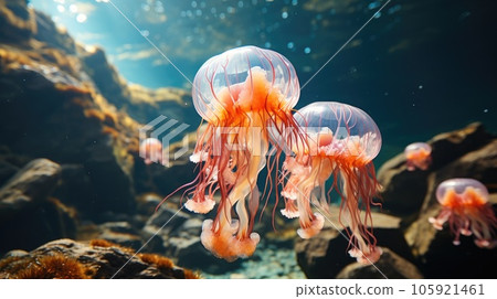 Close-up Of Jellyfish Swimming In Sea, Many small jellyfish Aurelia aurita. Close-up Of Jellyfish Swimming In Sea, Many small jellyfish Aurelia aurita. 105921461