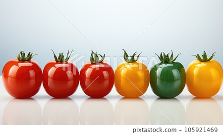 Cherry tomatoes colorful variation lined up on a white background. Cherry tomatoes colorful variation lined up on a white background. 105921469