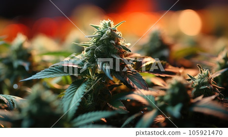Cannabis cola with visible hairs and leaves on late flowering stage 105921470