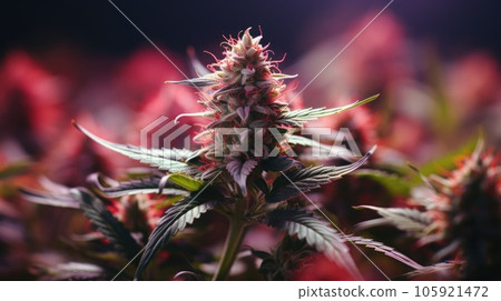 Cannabis cola with visible hairs and leaves on late flowering stage. 105921472