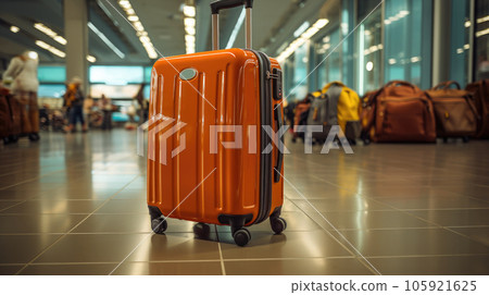 Large polycarbonate suitcase in the airport terminal, travel concept of baggage or luggage. Large polycarbonate suitcase in the airport terminal, travel concept of baggage or luggage. 105921625
