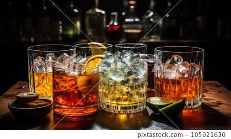 Assortment of strong alcohol drinks. Cognac, scotch, whiskey, tequila, vodka, Alcoholic drinks. 105921630