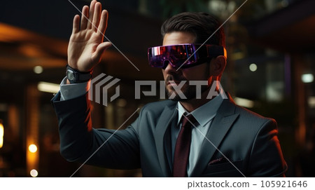 Young businessman in VR goggles touching air with finger during virtual business meeting. 105921646