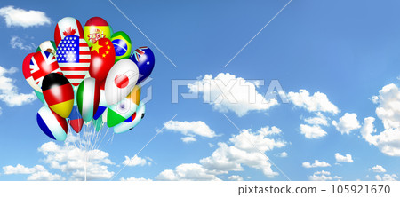 Balloons with countries flags against panoramic blue sky with clouds banner background Balloons with countries flags against panoramic blue sky with clouds banner background 105921670
