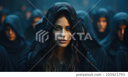 Scared young female dressed in all black on dark background, Grim reaper death funeral. 105921703
