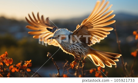 Closeup of the scissor-tailed flycatcher, Tyrannus forficatus flying against a nature background. 105921733