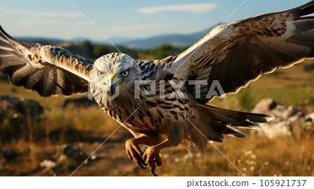 Marsh Harrier in flight during mating season. Marsh Harrier in flight during mating season. 105921737