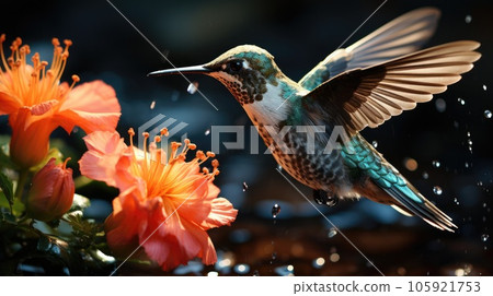 A hummingbird getting food from the flower, Wildlife scene from nature. A hummingbird getting food from the flower, Wildlife scene from nature. 105921753