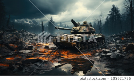A military tank in a battlefield, Armored tank crosses a mine field during war. A military tank in a battlefield, Armored tank crosses a mine field during war. 105921756