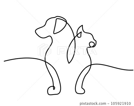 Pet symbol with cat and dog profiles. Continouos one line drawing. Pet symbol with cat and dog profiles. Continouos one line drawing. 105921910