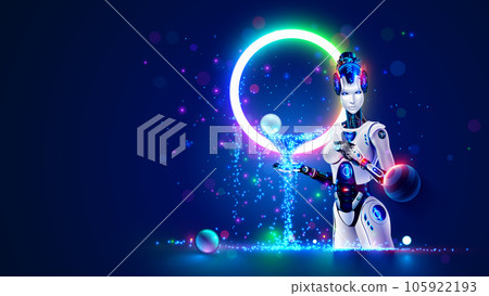 AI robot woman with artificial intelligence analysis flow big data. Cyborg woman contemplative stream of datum in image waterfall of lights particles. Machine learning concept. Neural network training AI robot woman with artificial intelligence analysis flow big data. Cyborg woman contemplative stream of datum in image waterfall of lights particles. Machine learning concept. Neural network training 105922193