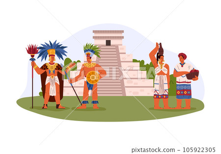 Maya tribal leader, warrior with weapon and women in traditional ethnic clothes near the pyramid vector illustration 105922305