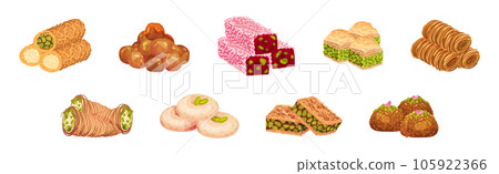 Tasty Oriental Sweets and Turkish Delights Vector Set 105922366