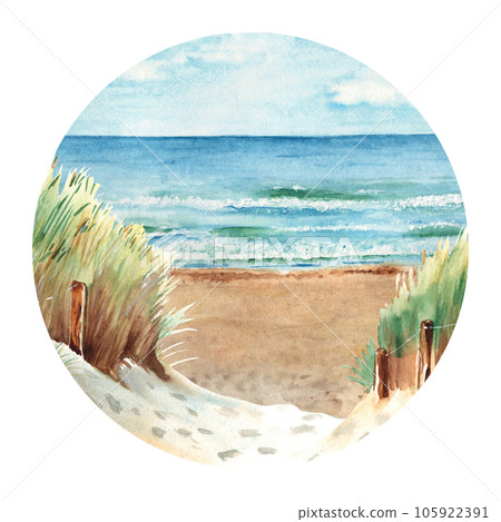 Baltic sea beach with sand dunes. Ostsee Panorama. Sunny Weather, blue sky with clouds. Hand drawn watercolor illustration. 105922391