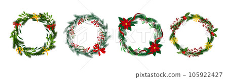 Green Christmas Fir and Pine Wreath with Ribbon Bow Vector Set Green Christmas Fir and Pine Wreath with Ribbon Bow Vector Set 105922427