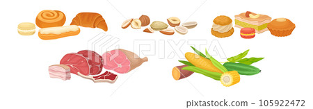 Food Category and Nutrition Group with Pastry, Nuts, Meat, Sweet and Vegetables Vector Set Food Category and Nutrition Group with Pastry, Nuts, Meat, Sweet and Vegetables Vector Set 105922472