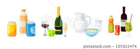 Drinks with Soda Can, Alcohol, Milk and Juice Vector Set 105922474