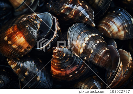 Black sea shells macro closeup background. Generative AI Black sea shells macro closeup background. Generative AI 105922757