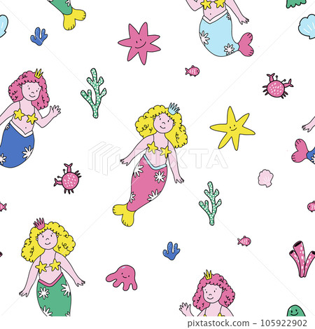 Beautiful vector seamless pattern with cute hand drawn mermaids and sea life. 105922902