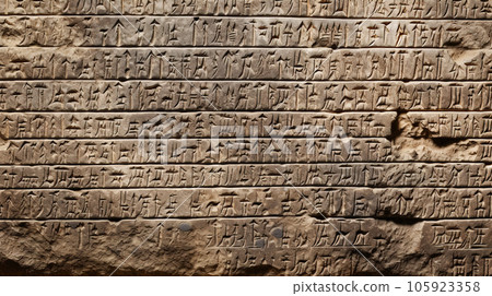 Ancient cuneiform of Babylon in Mesopotamia carved in old stone wall 105923358