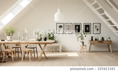 Living room interior in white Scandinavian minimalist style on mansard 105923385