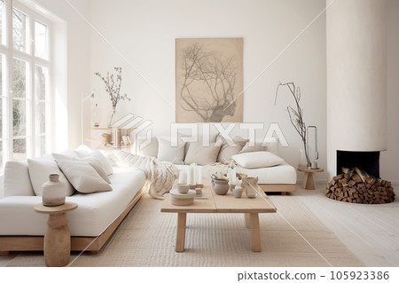 Living room interior in Scandinavian minimalist style with fireplace 105923386